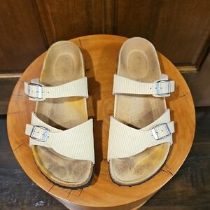 Birki's By Birkenstock | Yellow & White Striped | Silver Buckle | Size 7.5 / 38